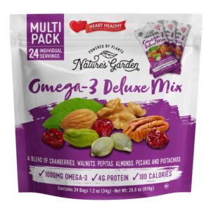 nature's garden omega 3 deluxe mix - trail mix nuts, heart healthy, gluten free, cholesterol free, sodium free, no artificial ingredients - 1.2 oz bags (24 individual servings)
