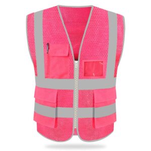 hycoprot high visibility mesh safety reflective vest with pockets and zipper, meets ansi/isea standards (small, pink)