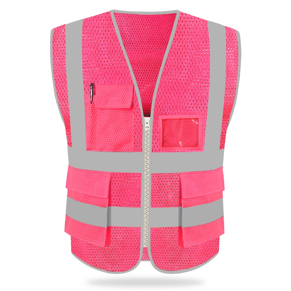 HYCOPROT High Visibility Mesh Safety Reflective Vest with Pockets and Zipper, Meets ANSI/ISEA Standards (Small, Pink)