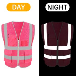 HYCOPROT High Visibility Mesh Safety Reflective Vest with Pockets and Zipper, Meets ANSI/ISEA Standards (Small, Pink)