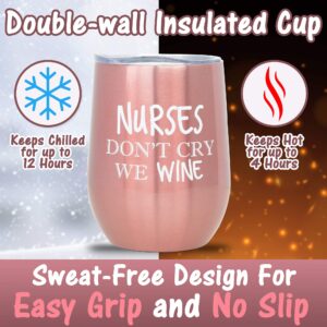 Nurse Wine Tumbler with Lid, Straw, and Cleaning Brush - Nurse Gifts for Women - Insulated Stainless Steel Wine Tumbler - Dishwasher Safe - Funny RN Gifts for Nurses - Rose Gold - 12oz