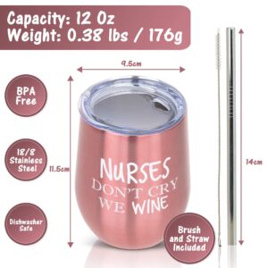 Nurse Wine Tumbler with Lid, Straw, and Cleaning Brush - Nurse Gifts for Women - Insulated Stainless Steel Wine Tumbler - Dishwasher Safe - Funny RN Gifts for Nurses - Rose Gold - 12oz