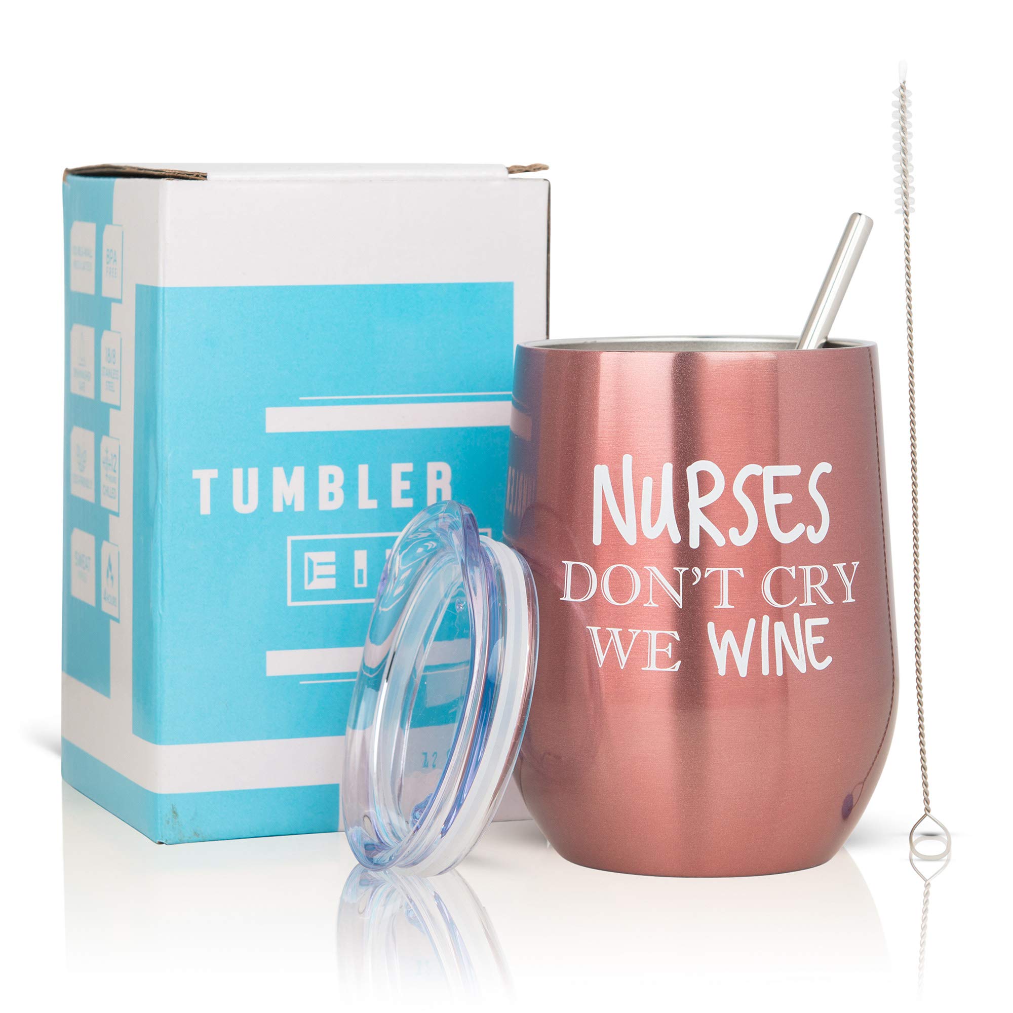 Nurse Wine Tumbler with Lid, Straw, and Cleaning Brush - Nurse Gifts for Women - Insulated Stainless Steel Wine Tumbler - Dishwasher Safe - Funny RN Gifts for Nurses - Rose Gold - 12oz