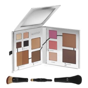 woosh beauty, fold out face palette w/secret brush, travel all in one neutral cream & powder kit, 4 in 1 nested makeup brush (#3 medium)