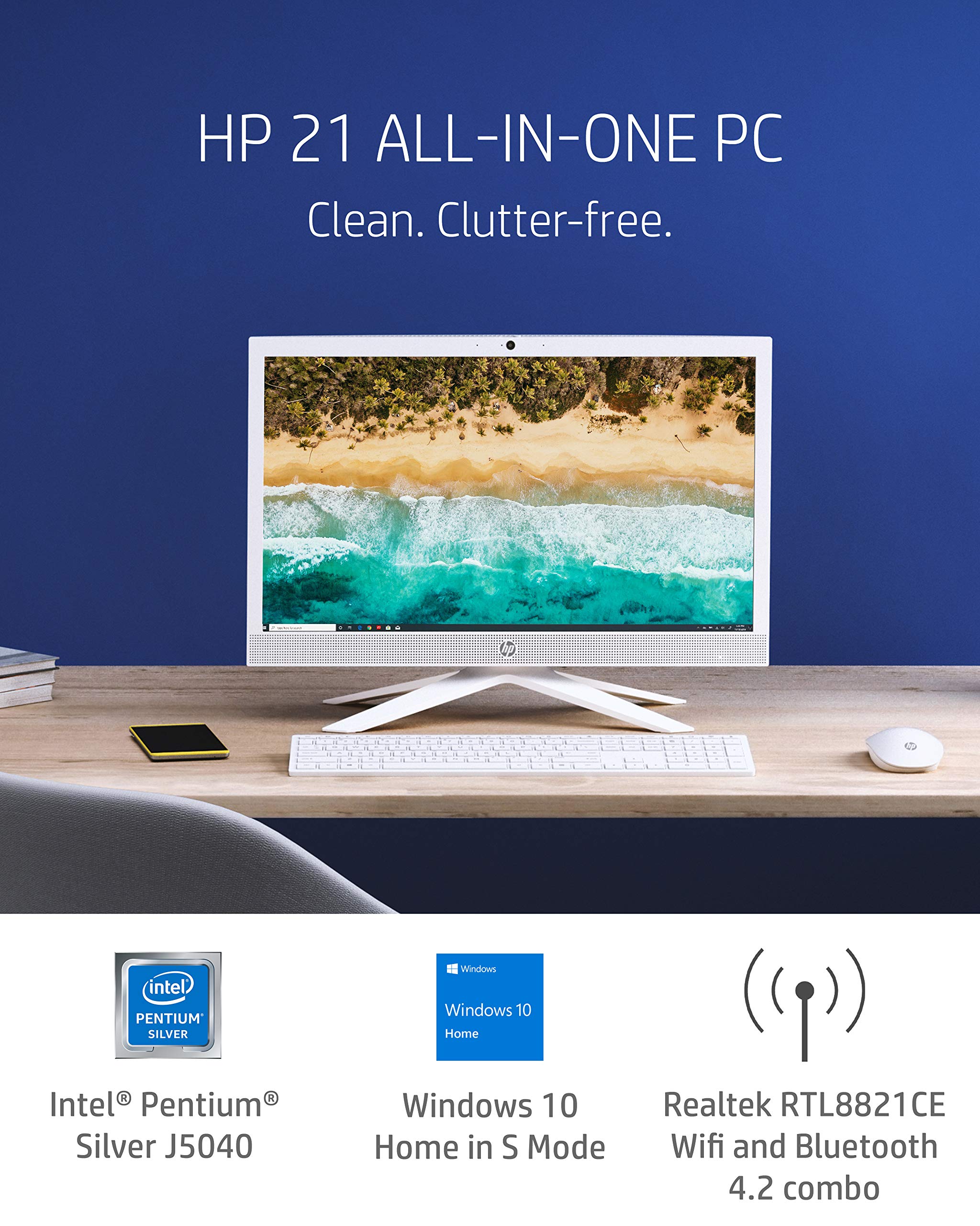 HP 21 All-in-One PC, Intel Pentium Silver J5040 Quad-Core Processor, 4 GB RAM, 128 GB SSD Storage, 20.7-inch Full HD Display, Windows 10 Home with Enhanced Security, Privacy Camera (21-b0020, 2020)