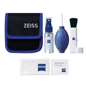 zeiss lens cleaning kit with 1 oz bottle lens cleaning fluid, 10 moistened wipes, cleaning brush, air blaster, microfiber cloth, and case for coated lenses, binoculars, scopes, cameras, and glasses