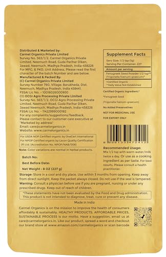 CARMEL ORGANICS Fenugreek |Methi Seeds (Powder, 8 Ounce or 0.5 Lbs)(Pack of 1) | USDA Certified Organic | Non-Gmo | No Added Preservatives | Indian Origin Fenugreek Seeds