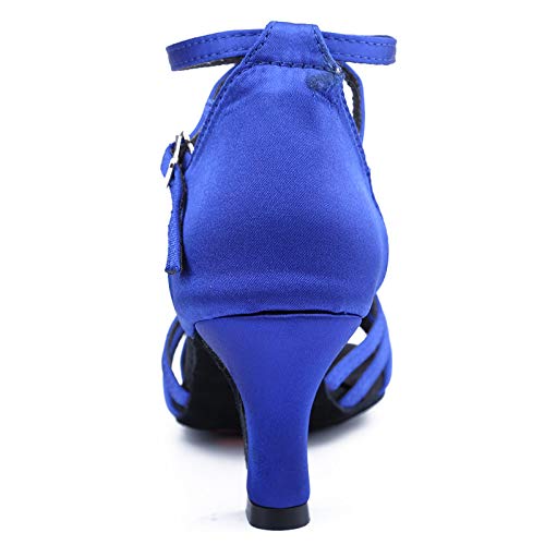 DKZSYIM Women's Blue Satin Latin Dance Shoes Ballroom Performance Shoes,Model WZJCL, 6 B(M) US