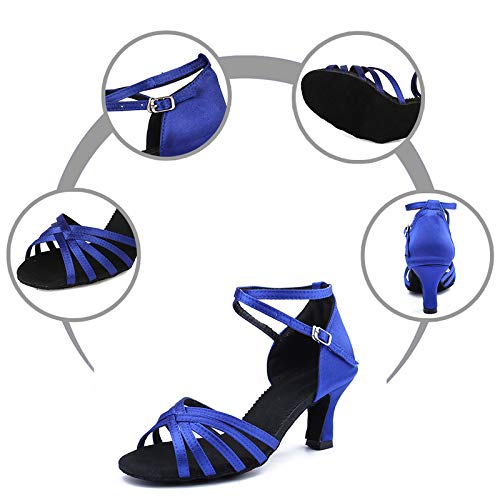 DKZSYIM Women's Blue Satin Latin Dance Shoes Ballroom Performance Shoes,Model WZJCL, 6 B(M) US