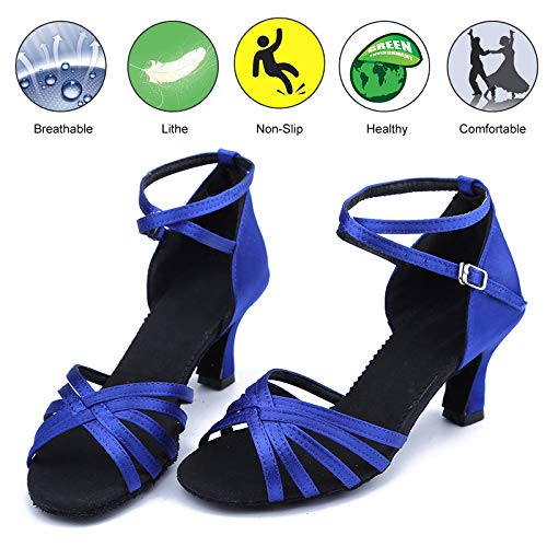 DKZSYIM Women's Blue Satin Latin Dance Shoes Ballroom Performance Shoes,Model WZJCL, 6 B(M) US