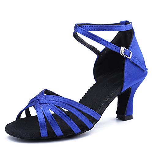 DKZSYIM Women's Blue Satin Latin Dance Shoes Ballroom Performance Shoes,Model WZJCL, 6 B(M) US