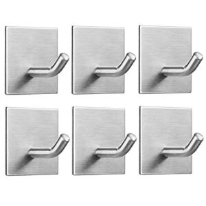 fomansh heavy duty adhesive hooks, stick on wall adhesive hangers, strong stainless steel holder, self adhesive hooks for kitchen bathroom home door towel coat key robe 6 packs silver
