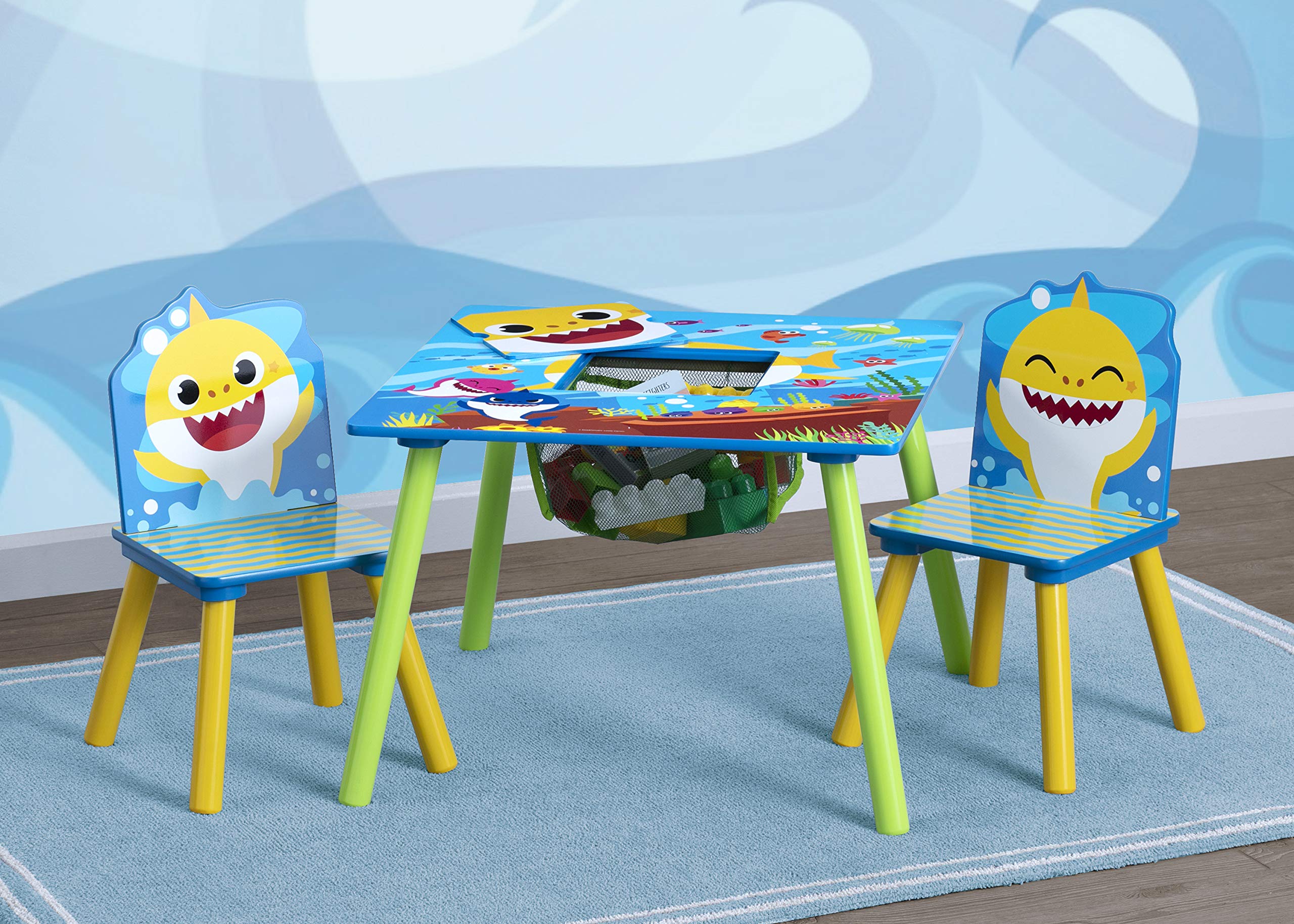 Delta Children Kids Table Storage (2 Chairs Included) -Ideal for Arts & Crafts, Snack Time, Homeschooling, Homework & More, Baby Shark, 3 Piece Set