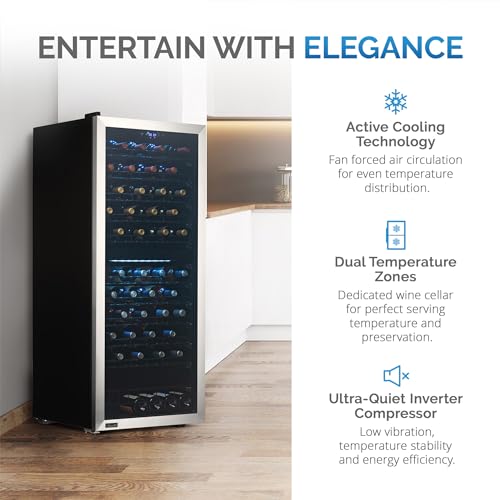 NewAir Freestanding 98 Bottle Dual Zone Compressor Wine Fridge with Low-Vibration Ultra-Quiet Inverter Compressor, Adjustable Racks and Exterior Digital Thermostat