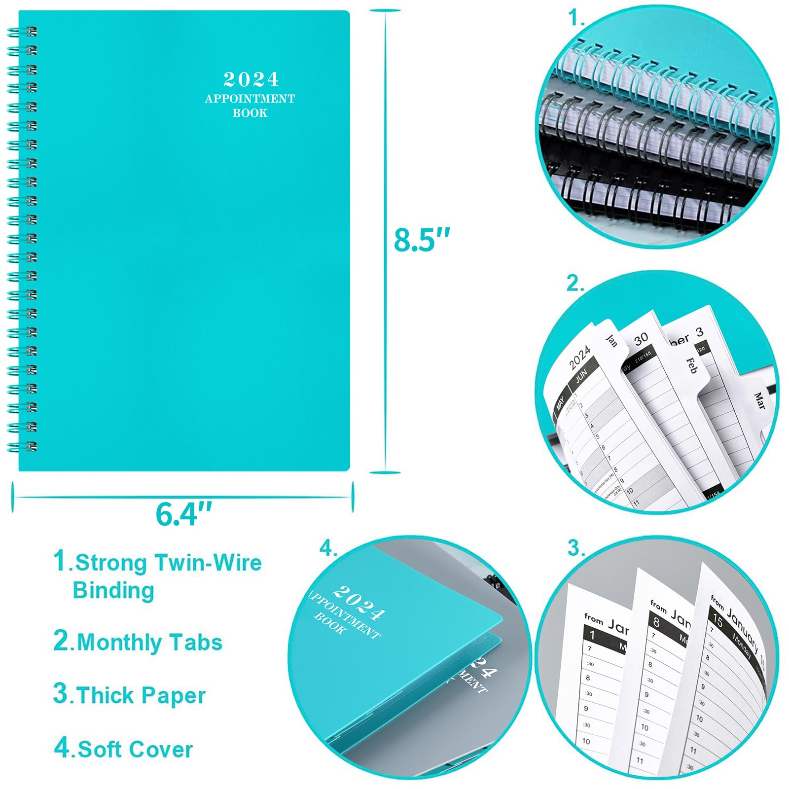 2024 Appointment Book & Planner - Daily Hourly Planner 2024, Jan 2024 - Dec 2024, 8.5" x 6.4", 30-Minute Interval, Lay - Flat, Round Corner, Twin-Wire Binding - Teal Green