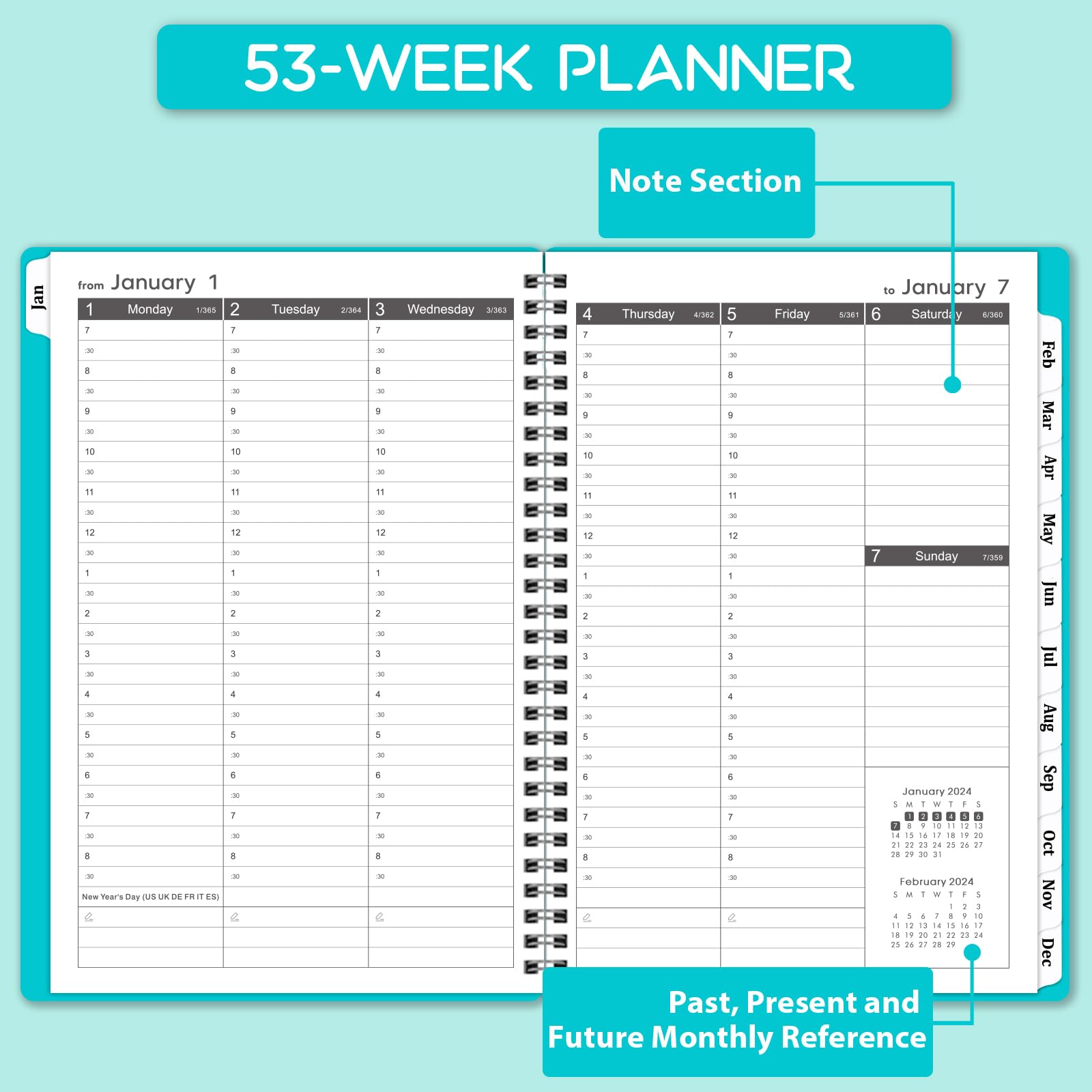 2024 Appointment Book & Planner - Daily Hourly Planner 2024, Jan 2024 - Dec 2024, 8.5" x 6.4", 30-Minute Interval, Lay - Flat, Round Corner, Twin-Wire Binding - Teal Green