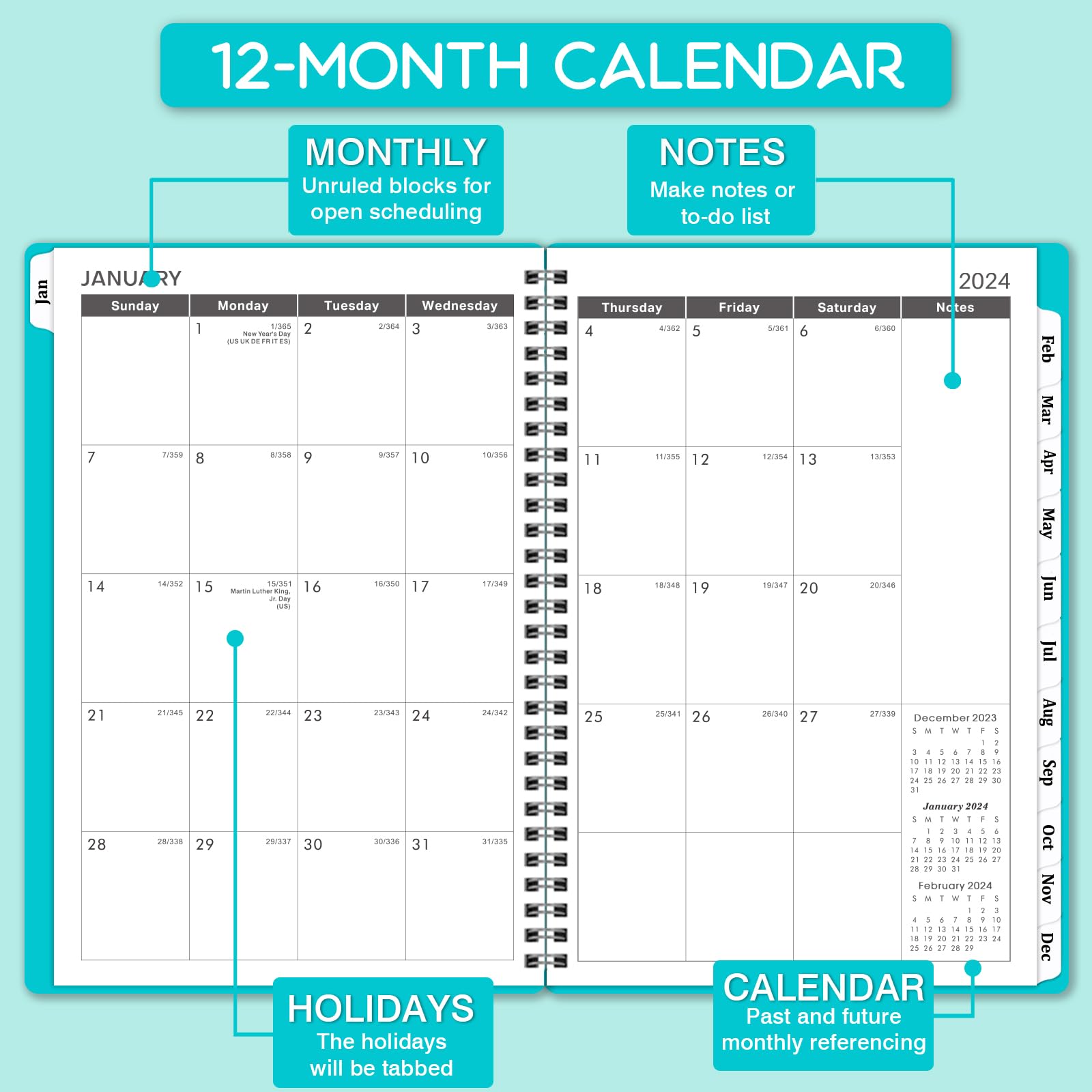 2024 Appointment Book & Planner - Daily Hourly Planner 2024, Jan 2024 - Dec 2024, 8.5" x 6.4", 30-Minute Interval, Lay - Flat, Round Corner, Twin-Wire Binding - Teal Green
