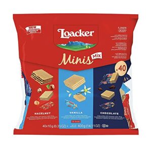 loacker minis wafer variety pack - 30% less sugar - premium assorted cream filled wafer cookies - mix of hazelnut, chocolate and vanilla crispy wafers - non-gmo - sustainably sourced ingredients - 10g/0.35oz, 40 individually wrapped snack packs (mix)