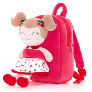 Gloveleya Toddler Backpack Plush Kids Bag with Soft doll Cherry Girl Red for Age 2+