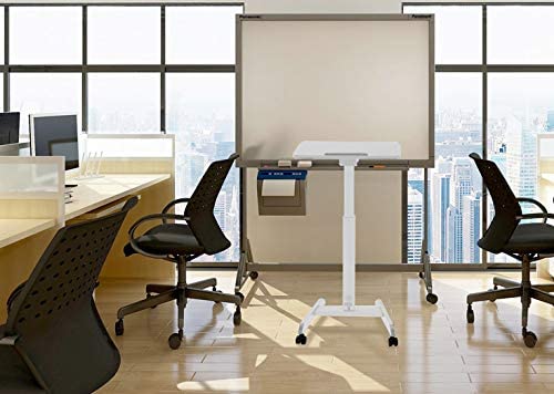 Stand Steady Multifunctional Mobile Podium Desk | Portable Sit to Stand Lectern with Pneumatic Height Adjustment & Tilting Desktop | Rolling Laptop Stand | Mobile Desk for School, Home, Office (White)