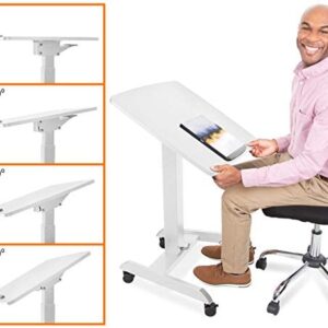 Stand Steady Multifunctional Mobile Podium Desk | Portable Sit to Stand Lectern with Pneumatic Height Adjustment & Tilting Desktop | Rolling Laptop Stand | Mobile Desk for School, Home, Office (White)