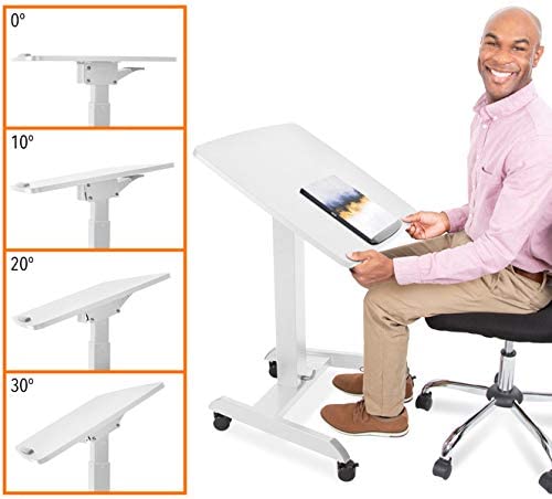 Stand Steady Multifunctional Mobile Podium Desk | Portable Sit to Stand Lectern with Pneumatic Height Adjustment & Tilting Desktop | Rolling Laptop Stand | Mobile Desk for School, Home, Office (White)