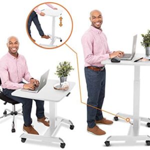 Stand Steady Multifunctional Mobile Podium Desk | Portable Sit to Stand Lectern with Pneumatic Height Adjustment & Tilting Desktop | Rolling Laptop Stand | Mobile Desk for School, Home, Office (White)