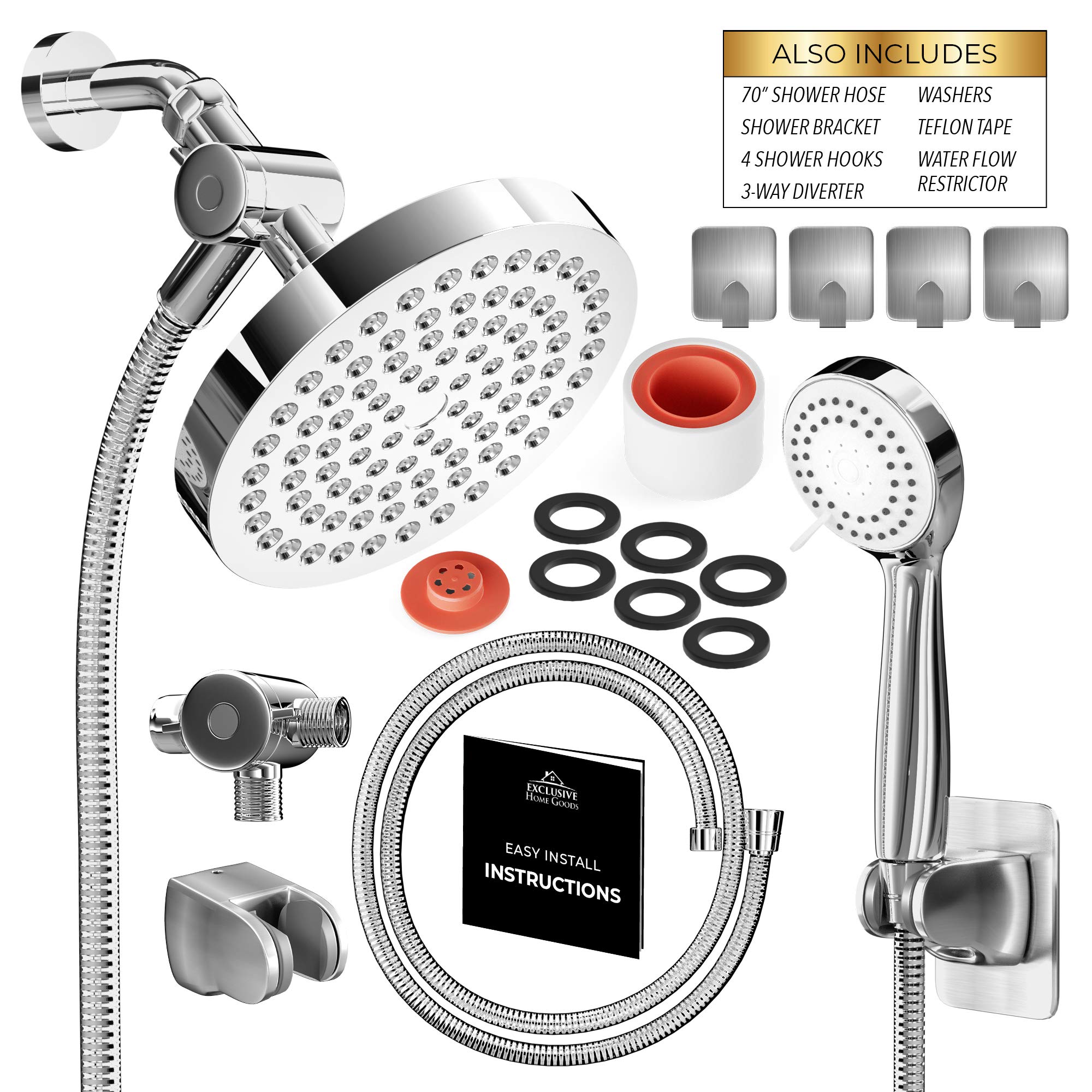 Shower Head With Handheld Combo, 6 Inch High Pressure Rainfall Showerhead With Hand Held 70 Inch Hose for Bath - Adjustable Swivel Shower Head Spray Anti-leak Nozzles - Universal Fit