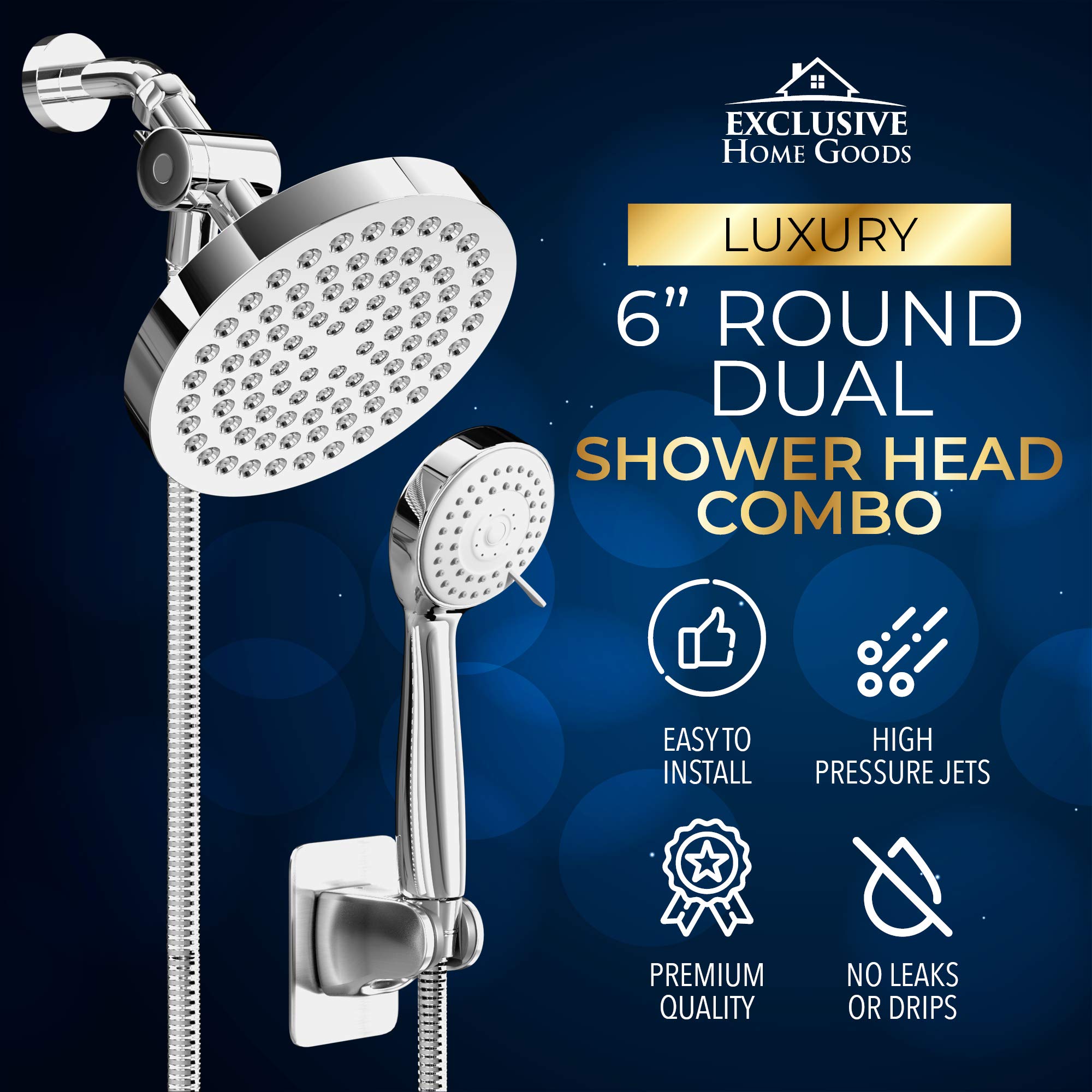 Shower Head With Handheld Combo, 6 Inch High Pressure Rainfall Showerhead With Hand Held 70 Inch Hose for Bath - Adjustable Swivel Shower Head Spray Anti-leak Nozzles - Universal Fit