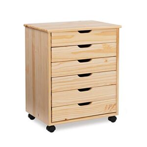 riverbay furniture six drawer wide wood rolling cart in natural