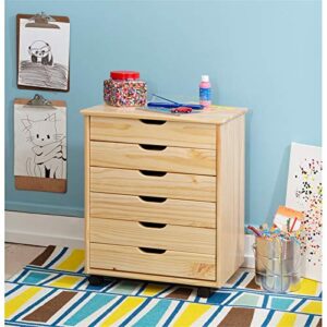 Riverbay Furniture Six Drawer Wide Wood Rolling Cart in Natural