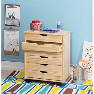 Riverbay Furniture Six Drawer Wide Wood Rolling Cart in Natural