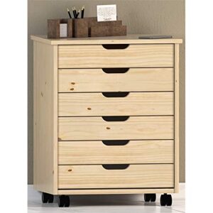 Riverbay Furniture Six Drawer Wide Wood Rolling Cart in Natural