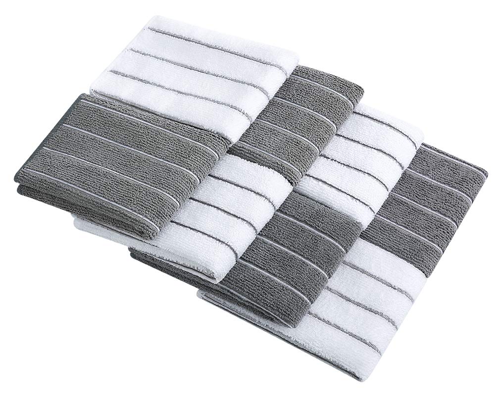 HYER KITCHEN Microfiber Dish Towels, Stripe Designed, Super Soft and Absorbent Dishcloth, Pack of 8, 12 x 12 Inch, Gray and White