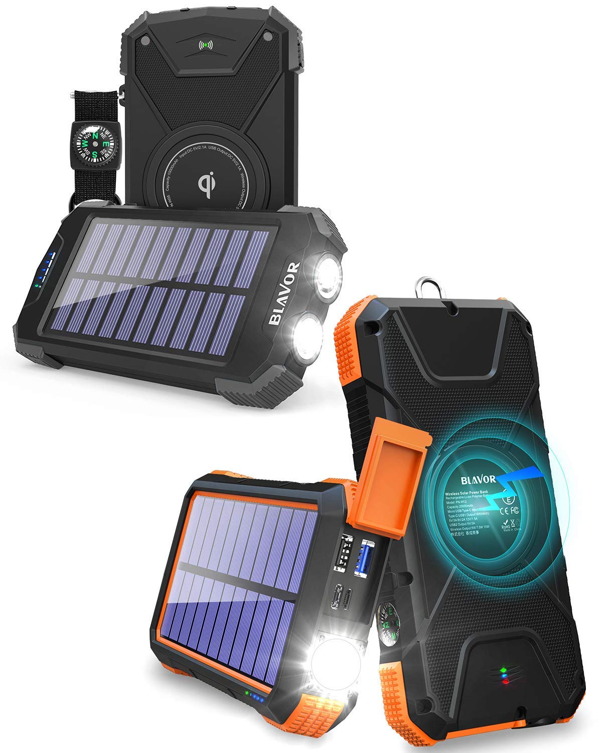 20,000mAh Fast Charger for Emergency Use Plus 10,000mAh Solar Power Bank for Cell Phone (Orange and Black)