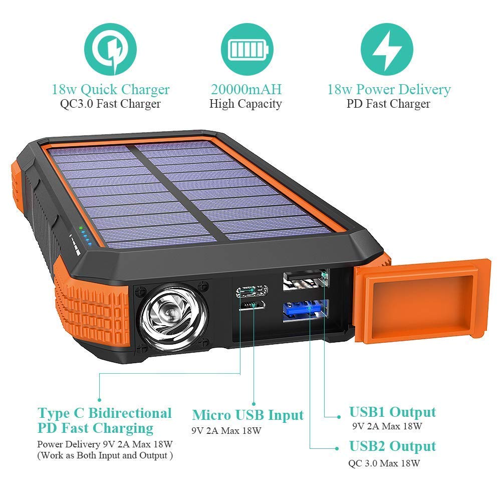 20,000mAh Fast Charger for Emergency Use Plus 10,000mAh Solar Power Bank for Cell Phone (Orange and Black)