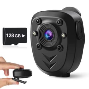 mini body camera video recorder built-in 128gb memory card with night vision ir & loop record hd 1080p, 4-6 hr battery life wearable police cam for home, outdoor, law enforcement, security guard