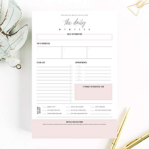 Bliss Collections Daily Planner, Simple Pink Self-Care Calendar, Organizer, Scheduler, Productivity Tracker for Organizing Goals, Tasks, Notes, to-Do Lists, 6"x9" Undated Tear-Off Sheets (50 Sheets)