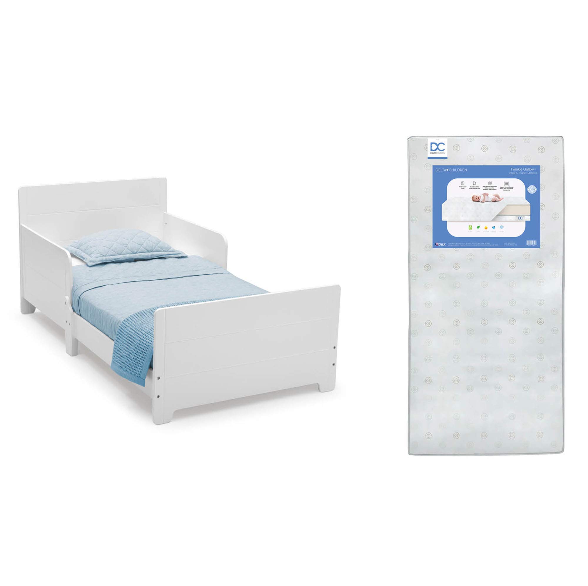 Delta Children MySize Toddler Bed, Bianca White, Dual Sided Recycled Fiber Core Mattress, 2 Attached Guardrails, 50 lbs Weight Capacity, 30 Inches Wide, 20 Inches Deep