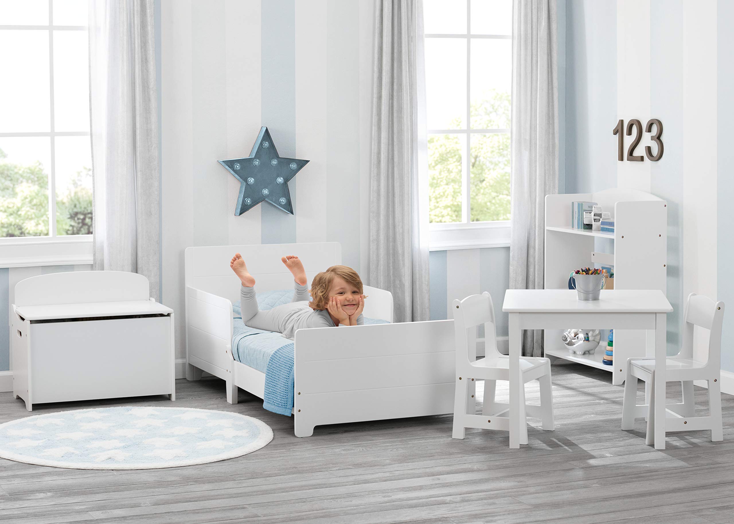 Delta Children MySize Toddler Bed, Bianca White, Dual Sided Recycled Fiber Core Mattress, 2 Attached Guardrails, 50 lbs Weight Capacity, 30 Inches Wide, 20 Inches Deep