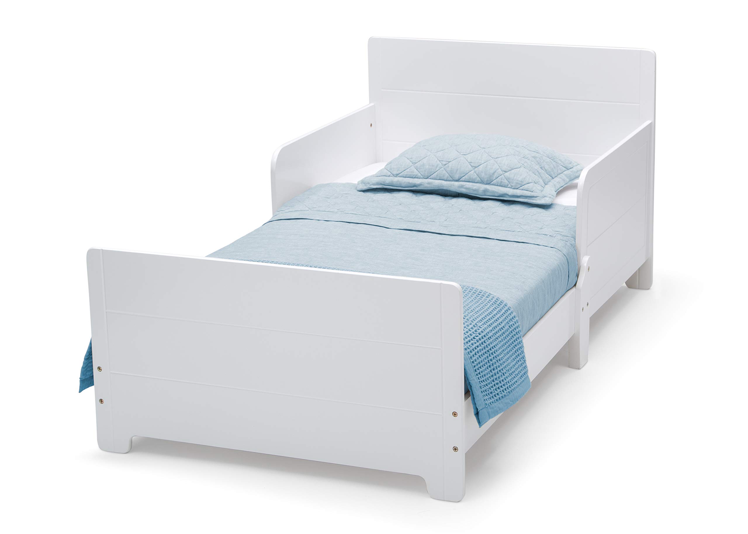 Delta Children MySize Toddler Bed, Bianca White, Dual Sided Recycled Fiber Core Mattress, 2 Attached Guardrails, 50 lbs Weight Capacity, 30 Inches Wide, 20 Inches Deep