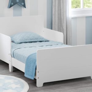 Delta Children MySize Toddler Bed, Bianca White, Dual Sided Recycled Fiber Core Mattress, 2 Attached Guardrails, 50 lbs Weight Capacity, 30 Inches Wide, 20 Inches Deep