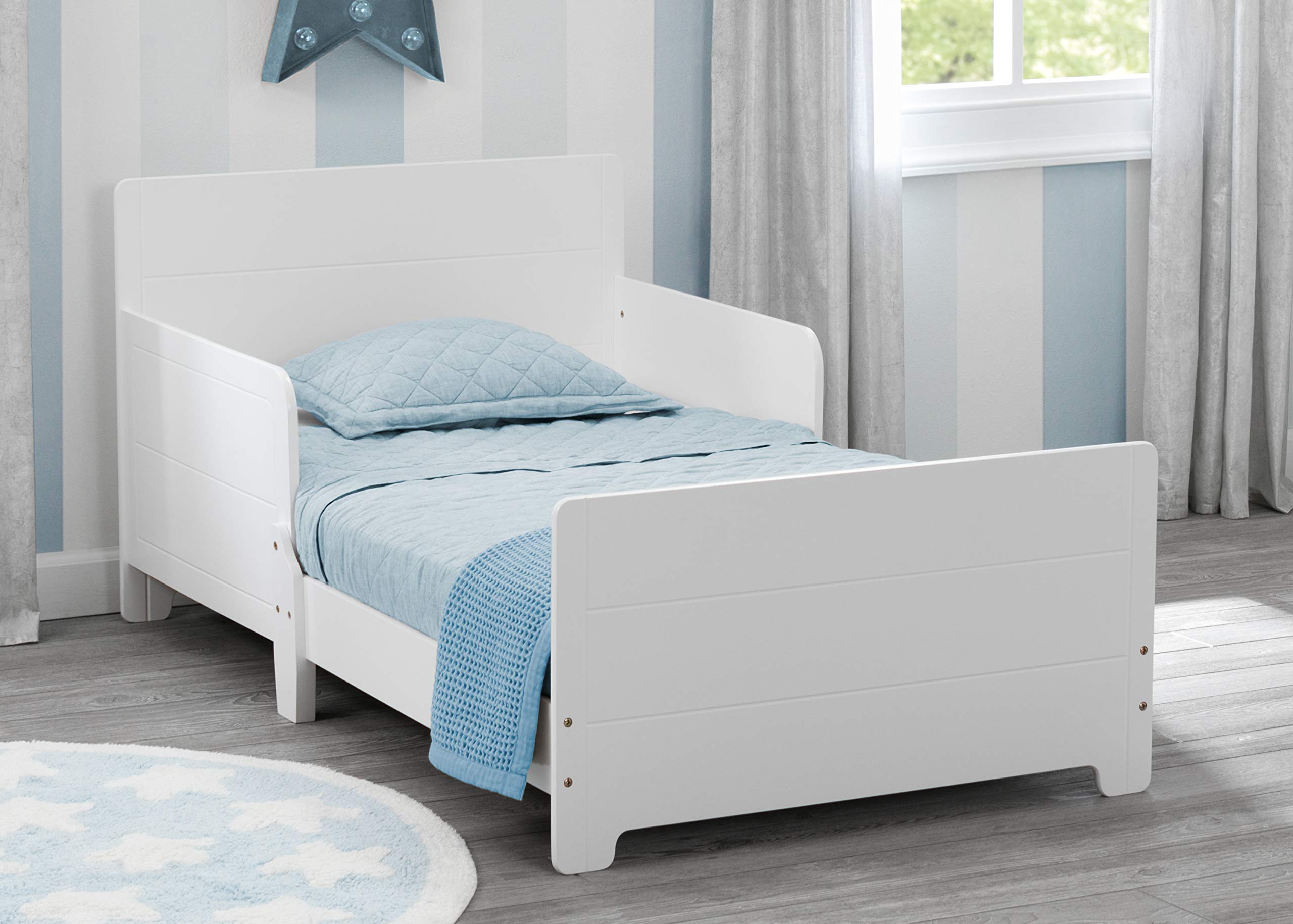 Delta Children MySize Toddler Bed, Bianca White, Dual Sided Recycled Fiber Core Mattress, 2 Attached Guardrails, 50 lbs Weight Capacity, 30 Inches Wide, 20 Inches Deep