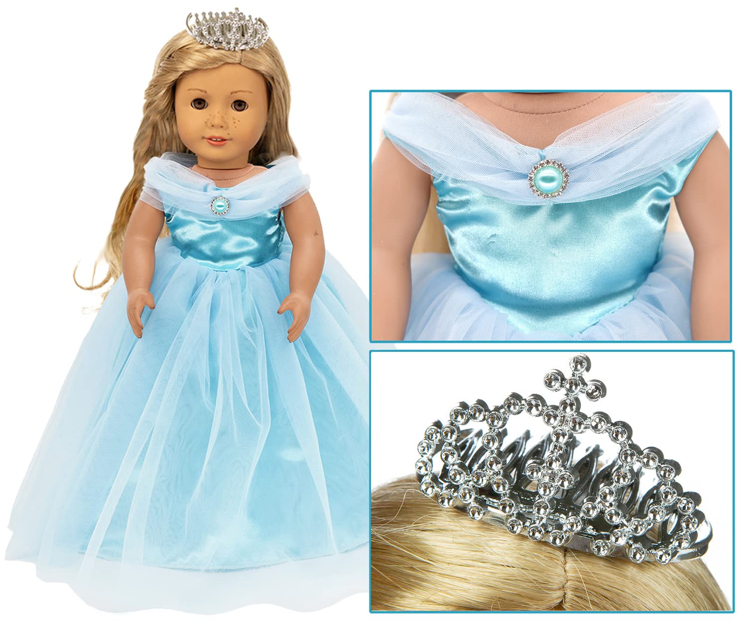 HWD Girls Doll Clothes and Accessories, Princess Costume, Wedding Dress, Party Gown Dress Fit 18 inch American Girl Dolls (Blue2)