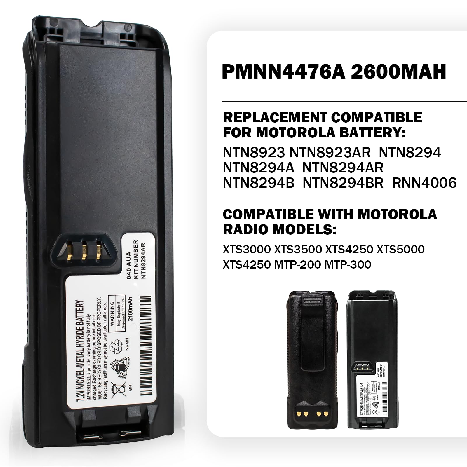 Teseko NTN8923/AR NTN8294/A/AR/B/BR Two-Way Radio Battery 2100mAh Ni-MH 7.2V Battery Compatible for Motorola XTS3000 XTS3500 XTS4250 XTS5000 XTS4250 MTP-200 MTP-300 with Belt Clip