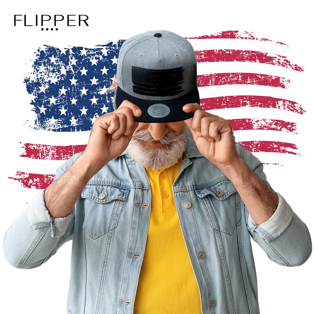 Flipper USA American Flag Flat Brim Bill Baseball Cap Classic Snapback Hat for Men Women Version.2 with 3 Sizes (Gray/Black, Large (22 3/8" ~ 23 1/8"))