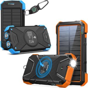 10,000mah solar power bank for cell phone plus 20,000mah fast charger for emergency use (light blue and orange)