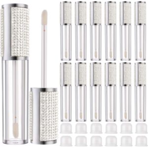patelai 12 pieces crystal rhinestone lip gloss tubes empty lip gloss bottles refillable rhinestone lip gloss container lip balm tubes plastic cosmetic bottles with rubber inserts, 5 ml (silver)