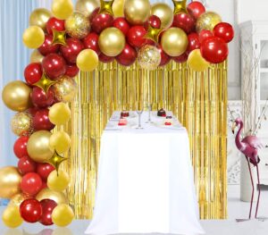 wecepar balloon garland arch kit 84 pcs with ruby red and gold balloon, star balloon confetti balloons gold sequin table runner and background curtain for birthday party, wedding, christmas, new year