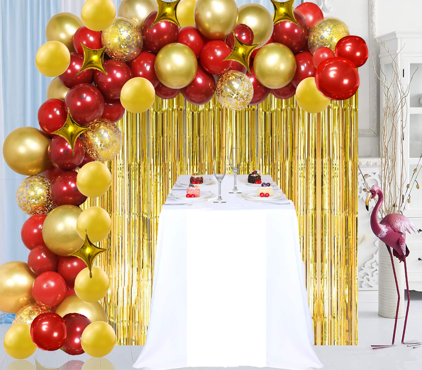 WECEPAR Balloon Garland Arch kit 84 pcs with Ruby Red and Gold Balloon, Star Balloon Confetti Balloons Gold Sequin Table Runner and Background Curtain for Birthday Party, Wedding, Christmas, New Year